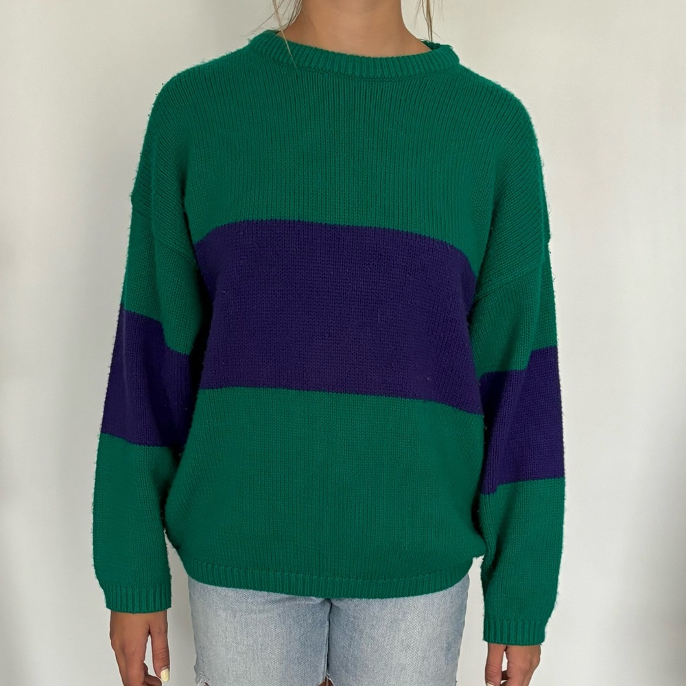 Green and purple knit sweater